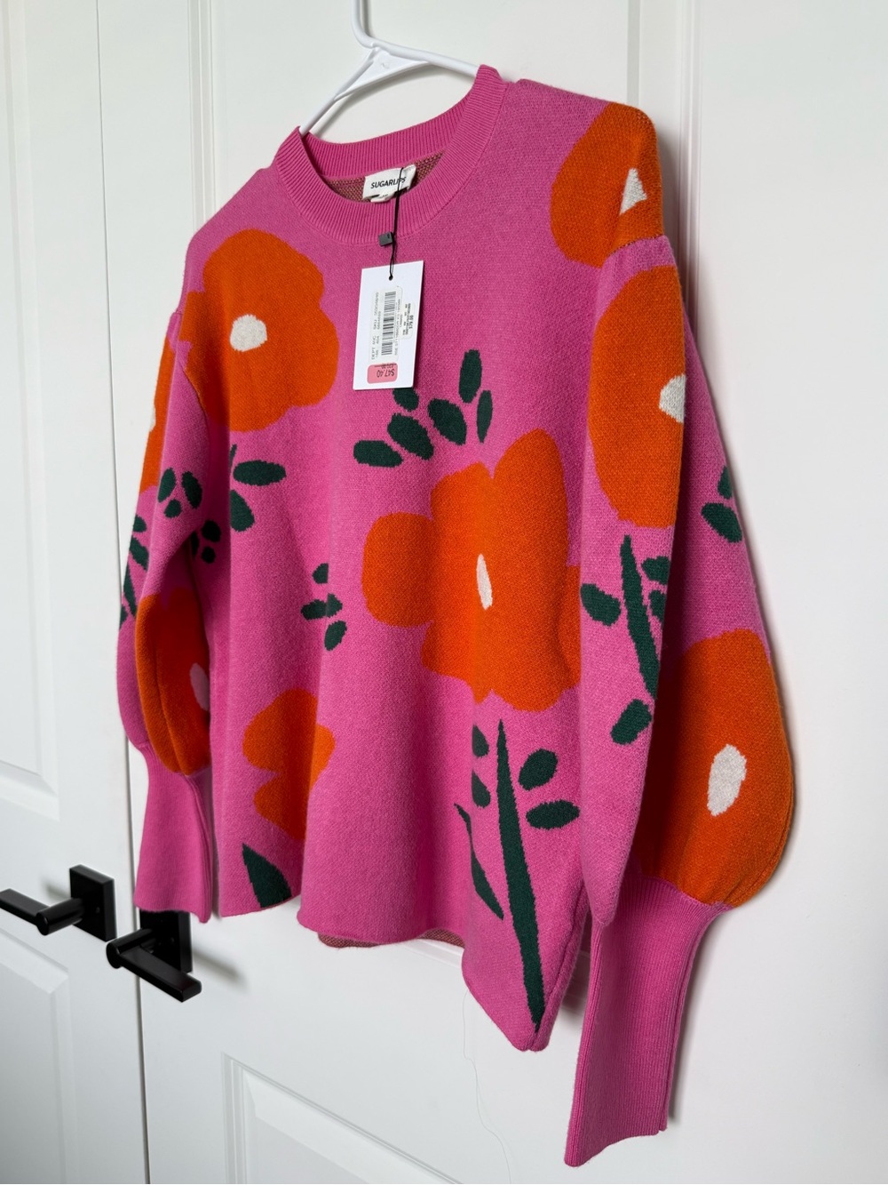 Sugarlips Floral Sweater Puff Sleeves - Pink and Orange